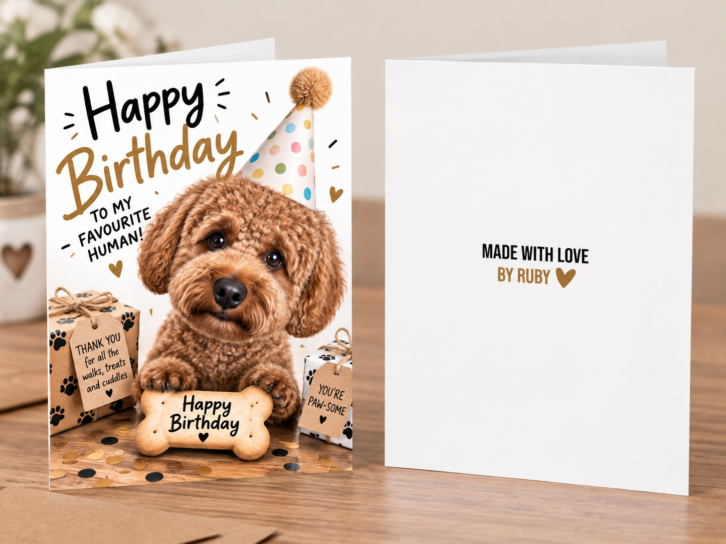Example of the front and back of a personalised Pet & Paper greetings card