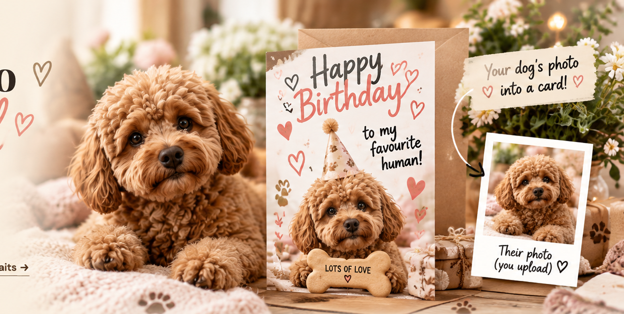 Personalised pet birthday card shown beside the original dog photo